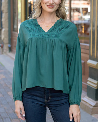 *FINAL SALE* Grace & Lace | Boho Lace Trim Top | Evergreen