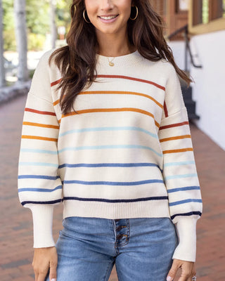 Grace & Lace | Crew Neck Striped Sweater | Ivory & Multi Stripe