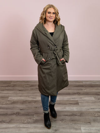 DEX | Autumn In New York Puffer Trench Coat | Dark Khaki Green