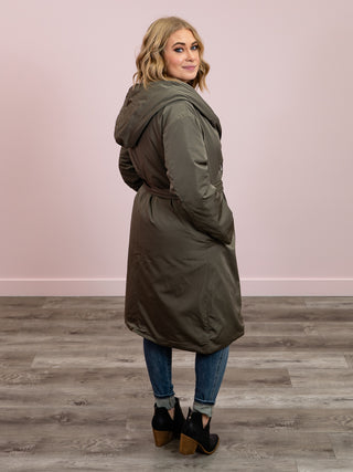 DEX | Autumn In New York Puffer Trench Coat | Dark Khaki Green