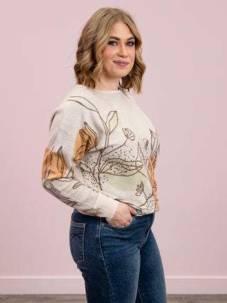 My World Floral Print Pullover Sweater | Taupe & Mustard