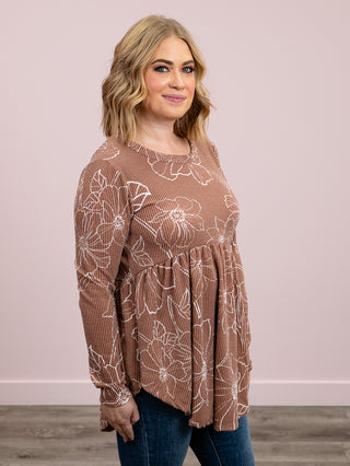 Veronica Floral Ribbed Top | Mocha