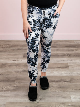 *DOOR CRASHERS* Lux Joggers | White & Black Watercolour Floral