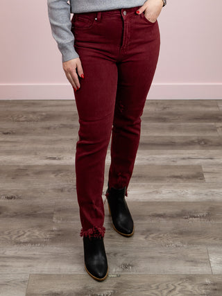 *NEW* Risen Jeans | High Rise | WINE Fray Hem Ankle Skinny | Caspian