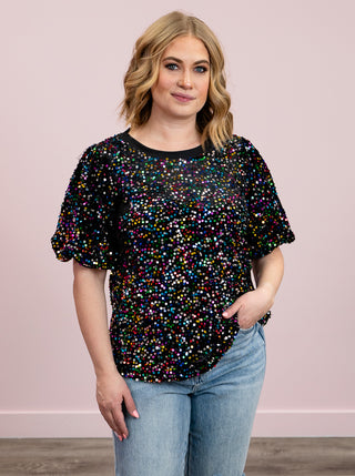 *NEW* Glimmer & Glow Velvet Sequin Top | Black Multi