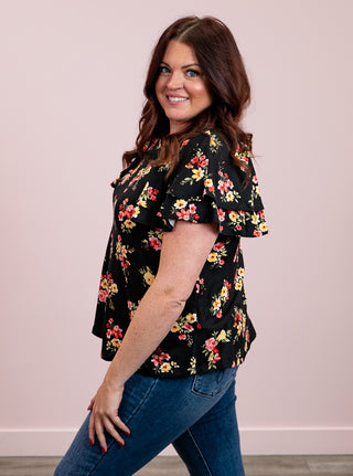 *NEW* Leah Ruffle Sleeve Floral Top | Black