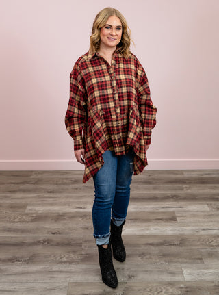 *FLASH SALE* Crimson Cascade Sharkbite Button Down Top | Plaid Burgundy & Taupe