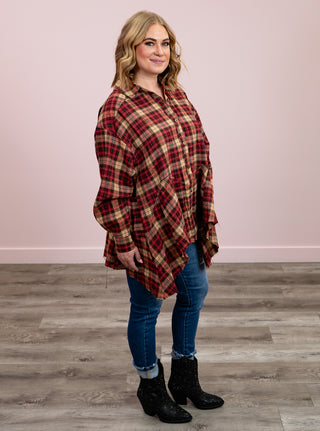 *NEW* Crimson Cascade Sharkbite Button Down Top | Plaid Burgundy & Taupe