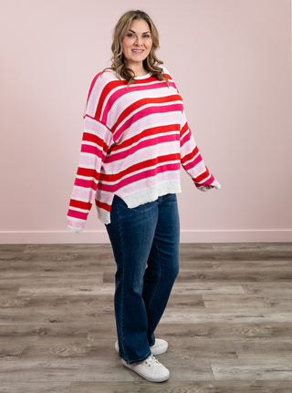 Sweetheart Stripe Knit Sweater | White, Pink & Red