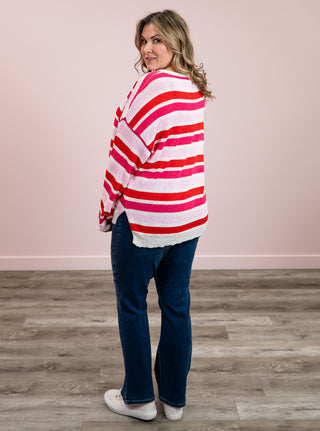 Sweetheart Stripe Knit Sweater | White, Pink & Red