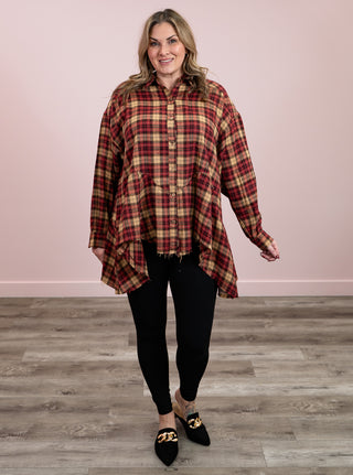 *FLASH SALE* Crimson Cascade Sharkbite Button Down Top | Plaid Burgundy & Taupe