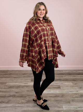 *FLASH SALE* Crimson Cascade Sharkbite Button Down Top | Plaid Burgundy & Taupe