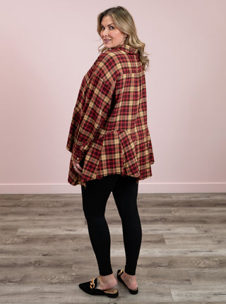 *FLASH SALE* Crimson Cascade Sharkbite Button Down Top | Plaid Burgundy & Taupe