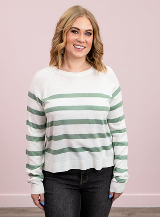 Evie Round Neck Raglan Knit Top | Sage Green & Cream