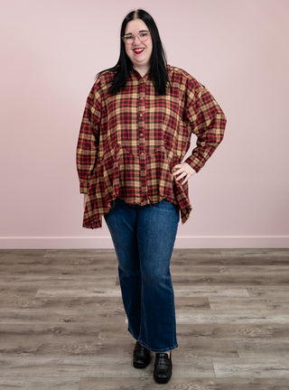 *FLASH SALE* Crimson Cascade Sharkbite Button Down Top | Plaid Burgundy & Taupe