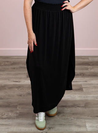 Eliana Smocked Side Slit Maxi Skirt | Black