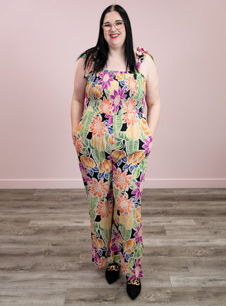 *NEW* Sun-Sational Floral Smocked Bodice Jumpsuit | Black Floral Multi