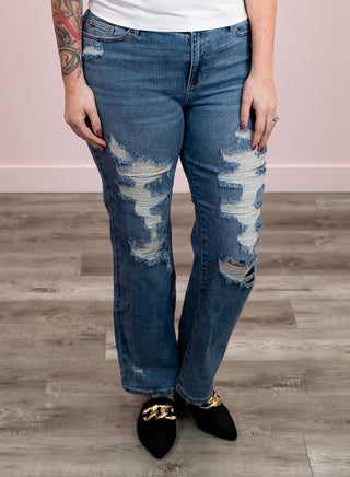 Judy Blue | Destroyed High Rise Straight Mid Wash | Harlan