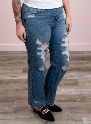 Judy Blue | Destroyed High Rise Straight Mid Wash | Harlan