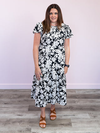 *WAREHOUSE FIND* Amanda Ruffle Midi Dress | Floral Black (S)