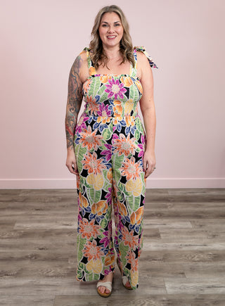 *NEW* Sun-Sational Floral Smocked Bodice Jumpsuit | Black Floral Multi