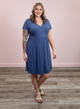 *NEW* Sun Daze V-Neck Button Dress | Blue