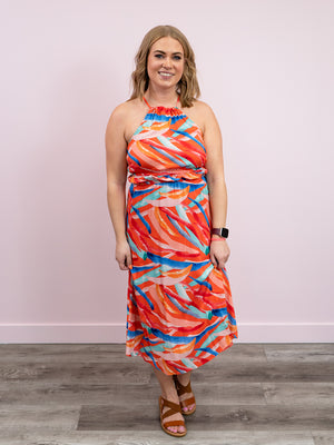 DEX | Savannah Halter Midi Dress | Tropical Sunset