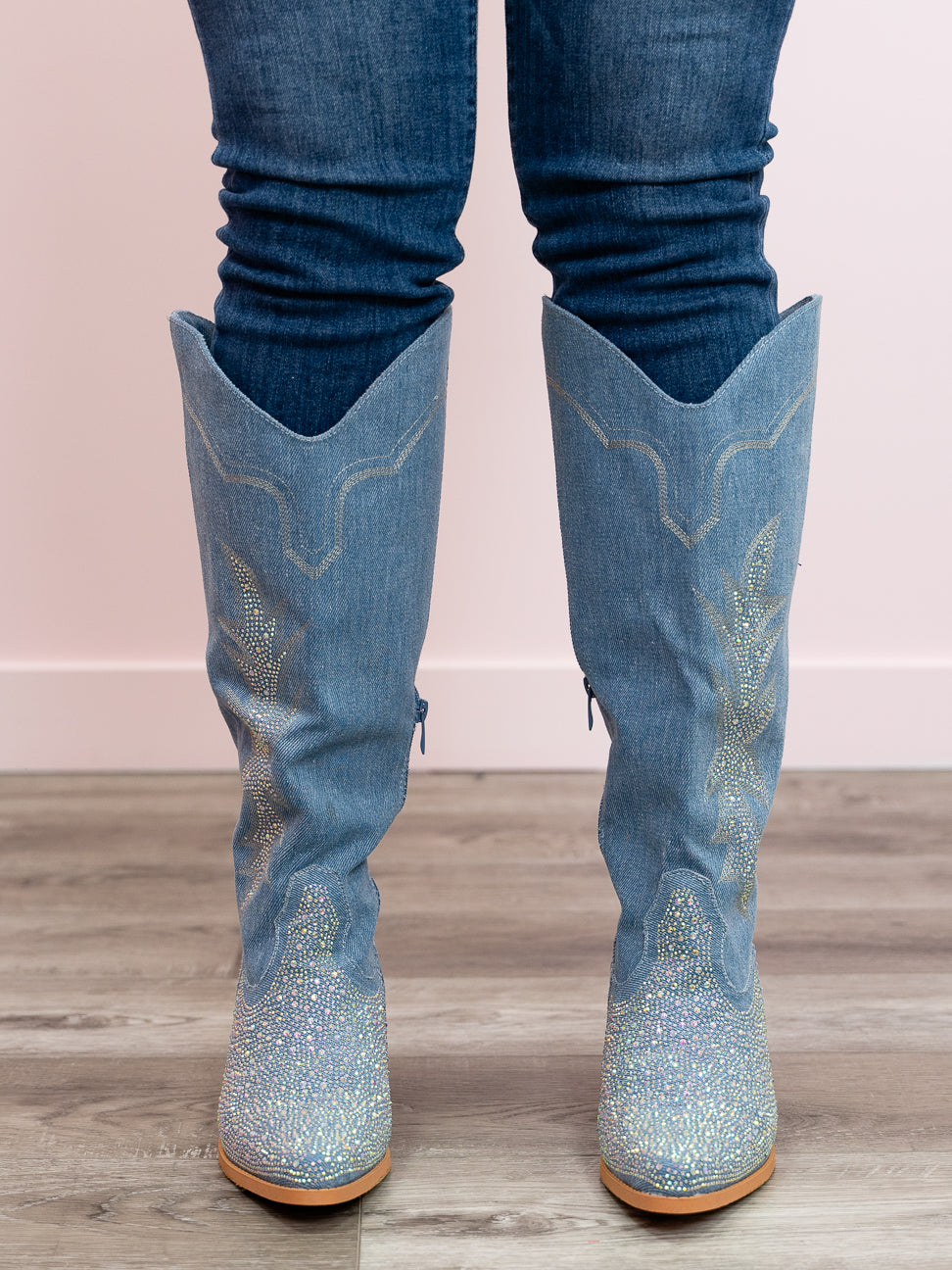 FINAL SALE Crecia Rhinestone Cowboy Boots Blue Denim