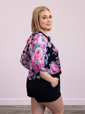 Player Floral 3/4 Sleeve Top | Black & Neon Pink