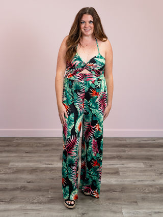 *FINAL SALE* Kyla Knotted Halter Jumpsuit | Tropical Black