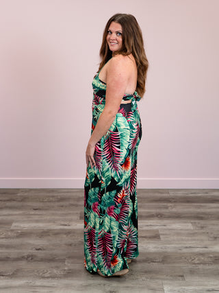 *FINAL SALE* Kyla Knotted Halter Jumpsuit | Tropical Black