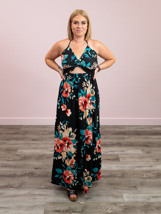 *FINAL SALE* Asha Knotted Cami Maxi Dress | Black & Peach Floral