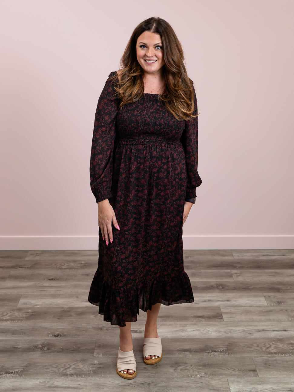 RD Style | Harper Smocked Bodice LONG Dress | Wine