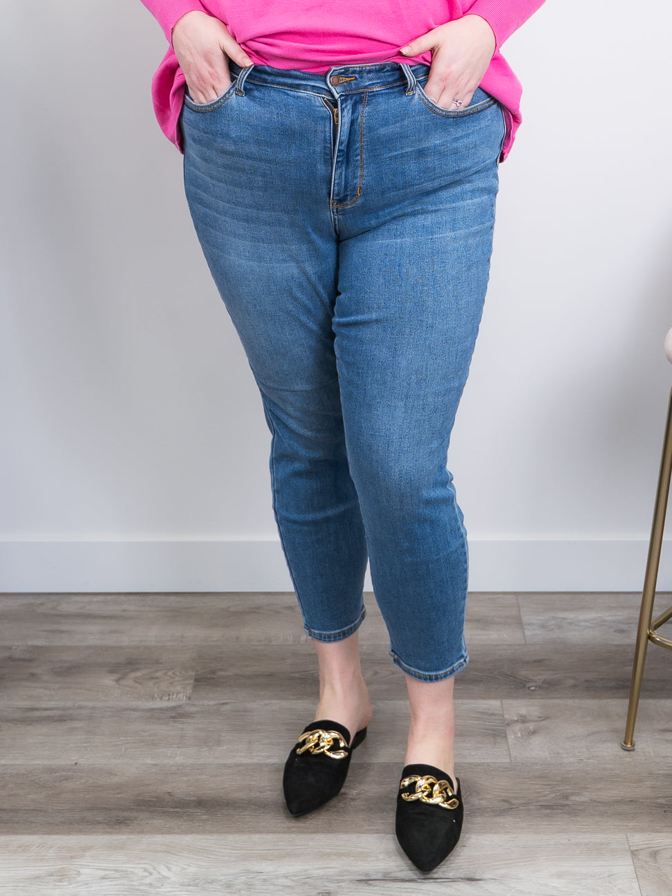Boohoo Plus high waisted mom jeans in mid wash blue