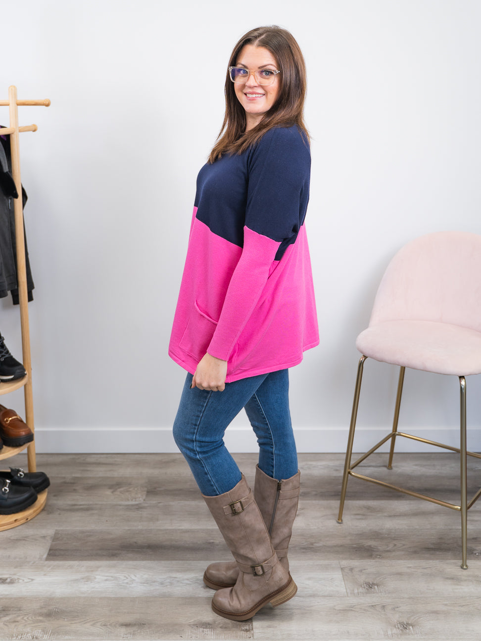 Analee Colourblock Sweater Navy Pink Lavender Lace Boutique