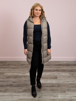 DEX | Davina Hooded Puffer Vest | Taupe