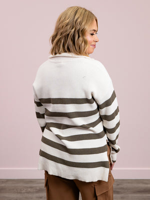 *NEW* DEX | Oh My Gourd Half Zip Sweater | Cream & Army Green Stripe