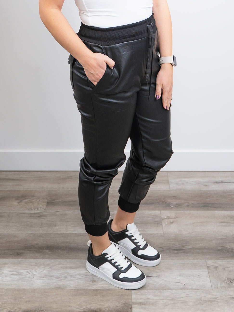 Faux leather black joggers hot sale