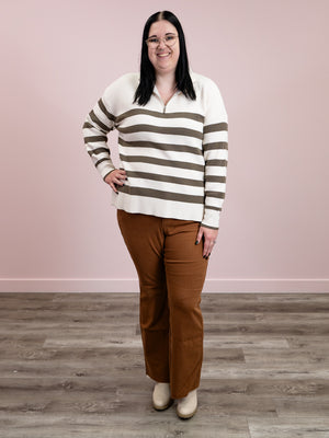 *NEW* DEX | Oh My Gourd Half Zip Sweater | Cream & Army Green Stripe