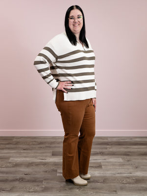 *NEW* DEX | Oh My Gourd Half Zip Sweater | Cream & Army Green Stripe