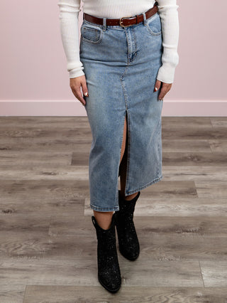 DEX | With Or Without You Denim Skirt | Mid Blue Wash