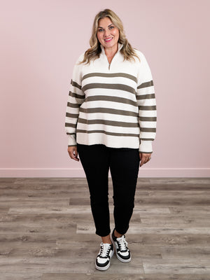 *NEW* DEX | Oh My Gourd Half Zip Sweater | Cream & Army Green Stripe