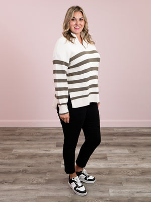 *NEW* DEX | Oh My Gourd Half Zip Sweater | Cream & Army Green Stripe