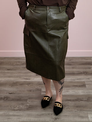 DEX | Kindly Faux Leather Cargo Maxi Skirt | Dark Khaki Green