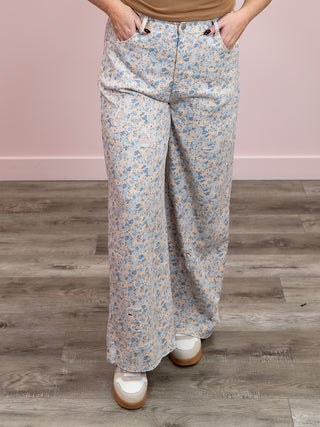 Nadine Elastic Band Twill Pant | Almond Blue Floral