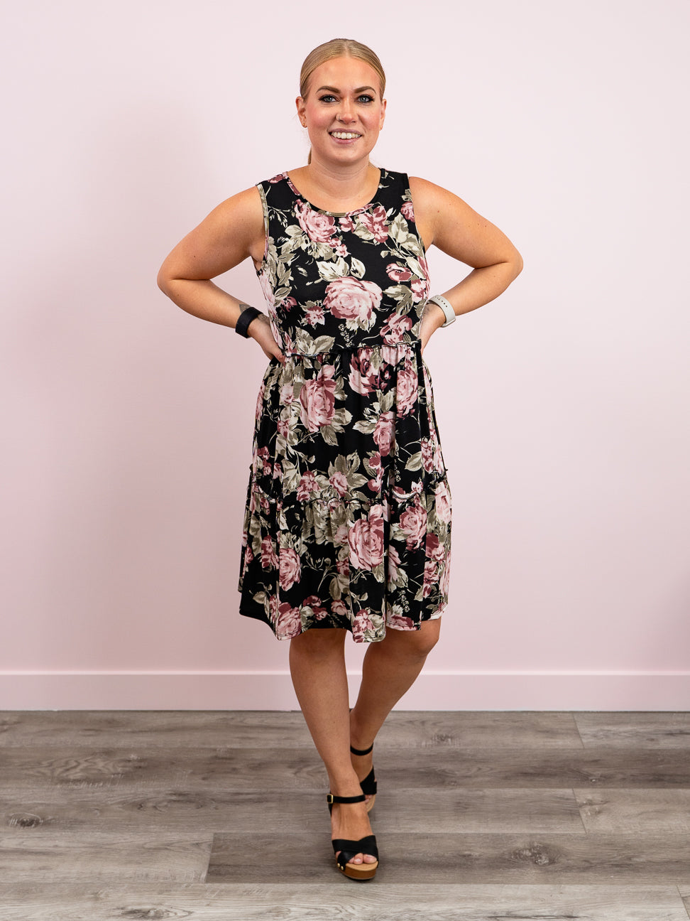 *WAREHOUSE FIND* Dinner & Dancing Tiered Swing Dress | Emily Floral | Black (3X)