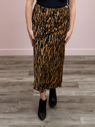 DEX | Don't Call Me Angel Satin Maxi Skirt | Black & Brown Animal Print