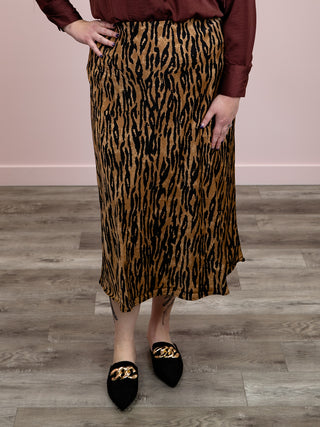 DEX | Don't Call Me Angel Satin Maxi Skirt | Black & Brown Animal Print