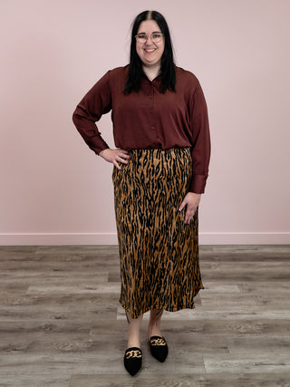 DEX | Don't Call Me Angel Satin Maxi Skirt | Black & Brown Animal Print