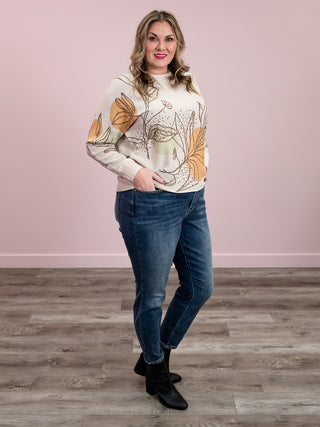 My World Floral Print Pullover Sweater | Taupe & Mustard